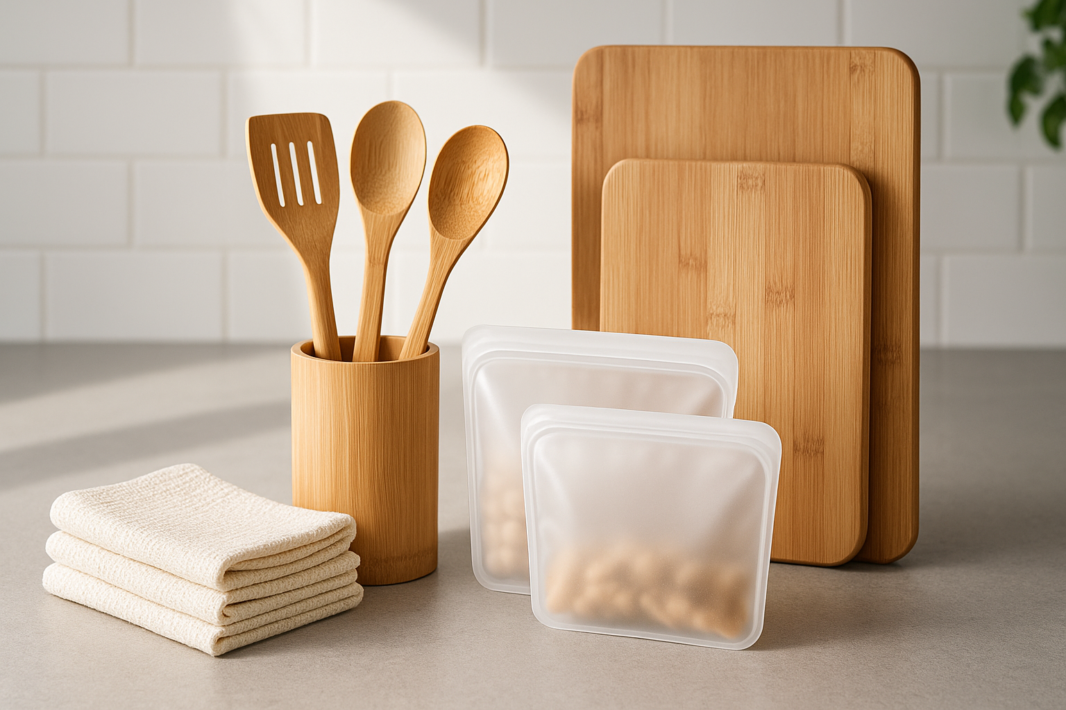 Eco-friendly kitchen products such as bamboo utensils, reusable silicone bags, organic cotton towels, and bamboo cutting boards, sustainable and reusable home essentials