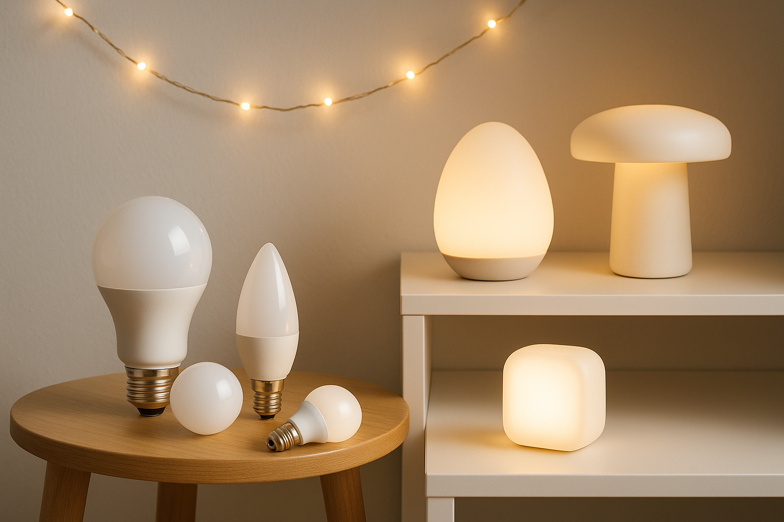 Modern home lighting including LED lamps, night lights, and ambient string lights, creating cozy and stylish lighting for living rooms and bedrooms