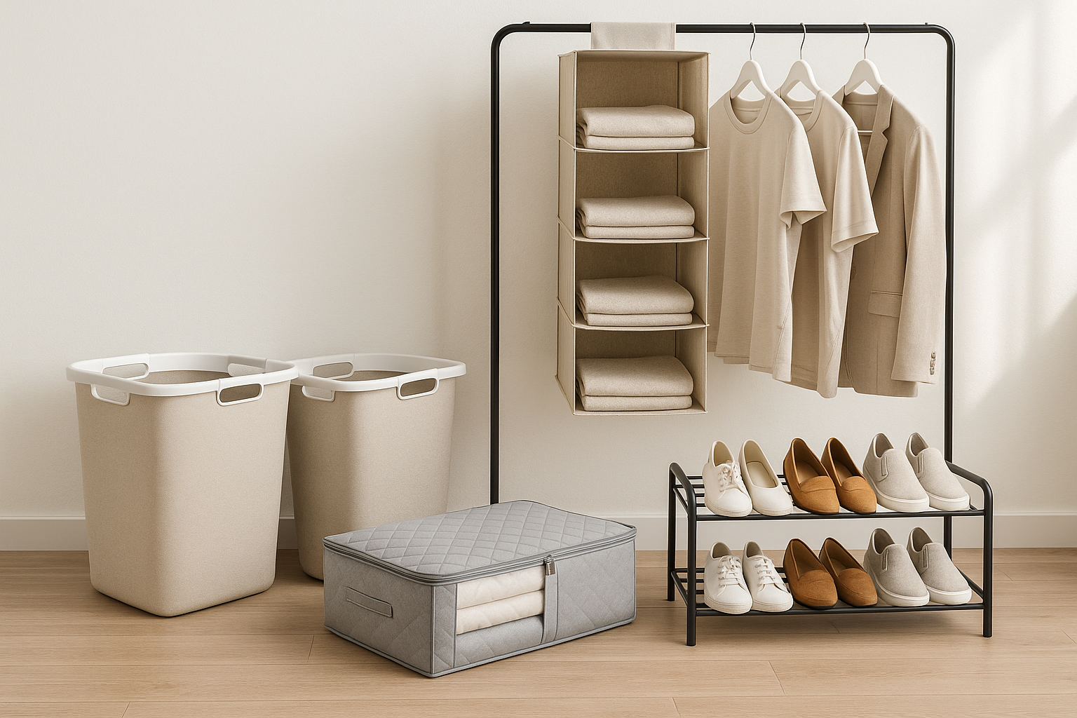 Home organization products including foldable laundry baskets, closet organizers, shoe racks, and under-bed storage bags, tidy and space-saving solutions for modern homes