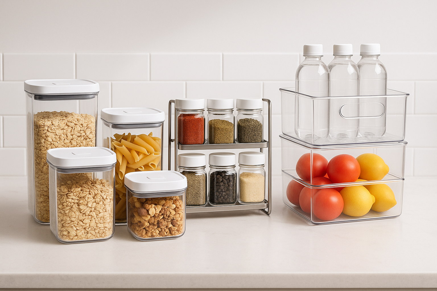 Modern kitchen storage products including airtight containers, spice racks, and fridge organizers on a clean countertop, organized and space-saving solutions for home kitchens