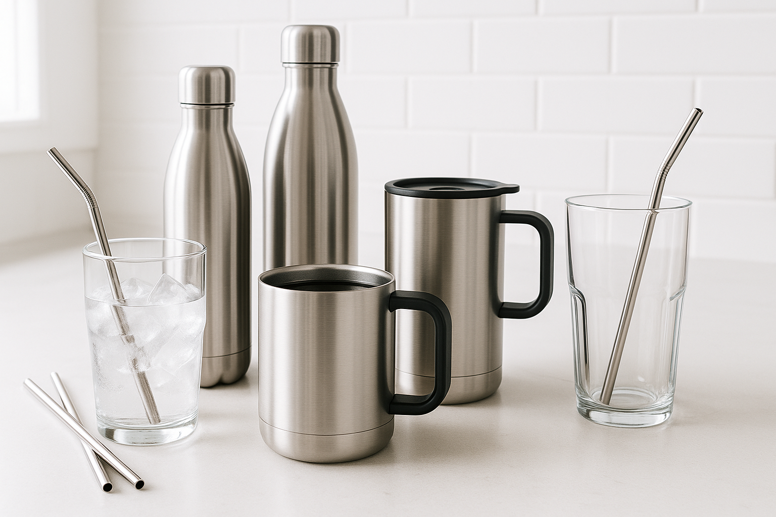 Premium drinkware set with stainless steel bottles, insulated mugs, reusable straws, and glass tumblers, stylish hydration essentials for everyday use