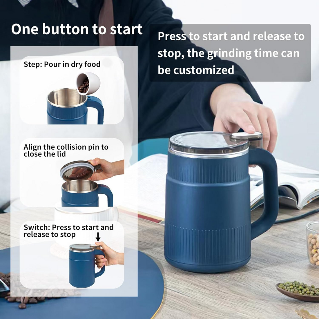 Electric Coffee Grinder, Multi-purpose Grinder, Adjustable, Blue, 150-300W, 200ml/min, 110V, Stainless Steel