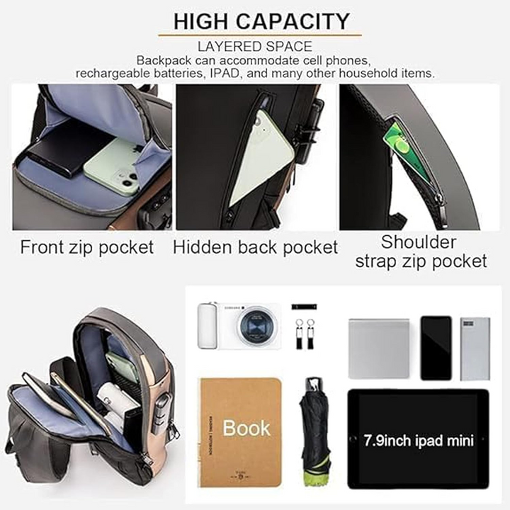 Anti-Theft Sling Backpack with USB Charging Port, Men's Crossbody Shoulder Bag