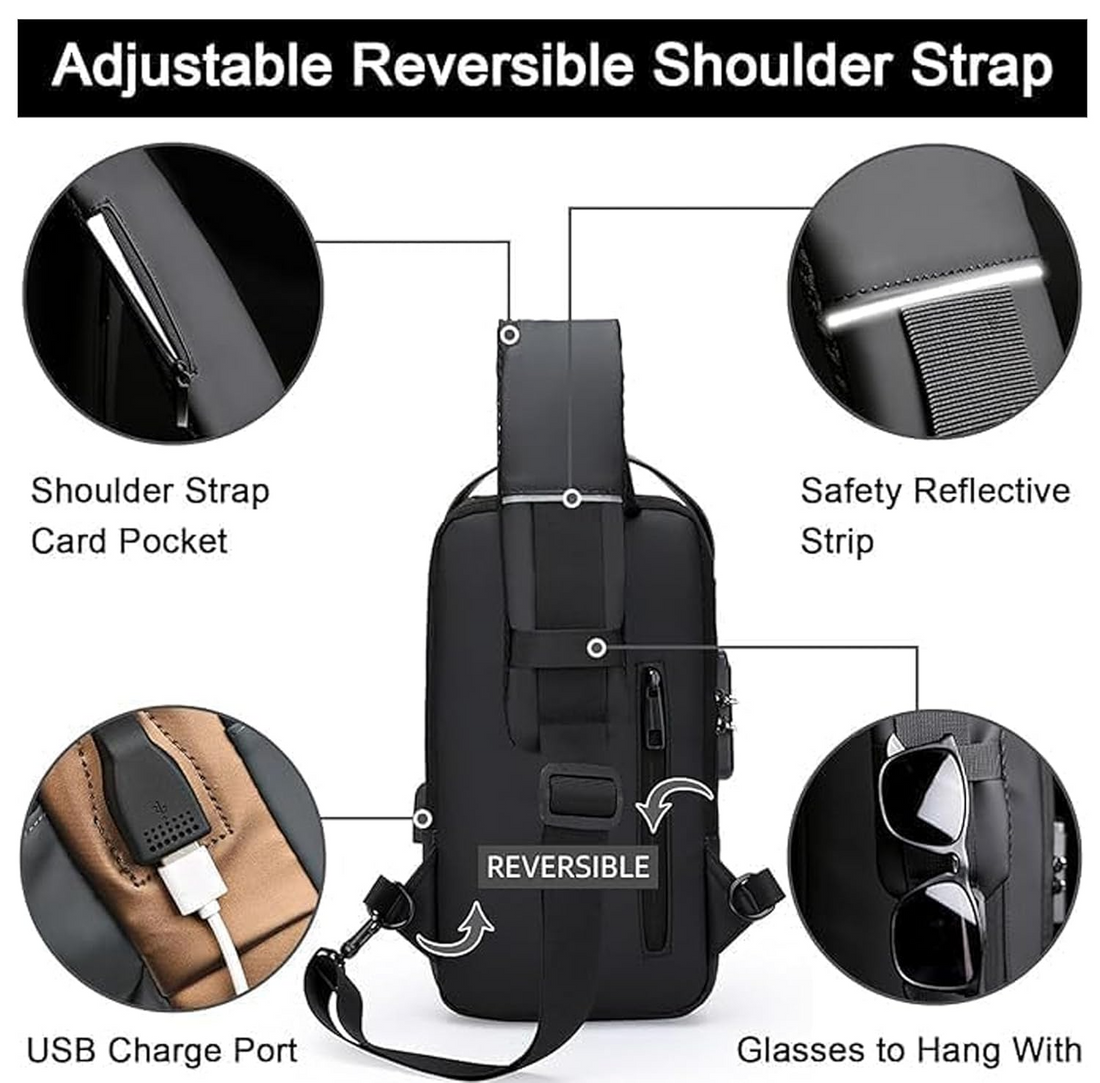 Anti-Theft Sling Backpack with USB Charging Port, Men's Crossbody Shoulder Bag