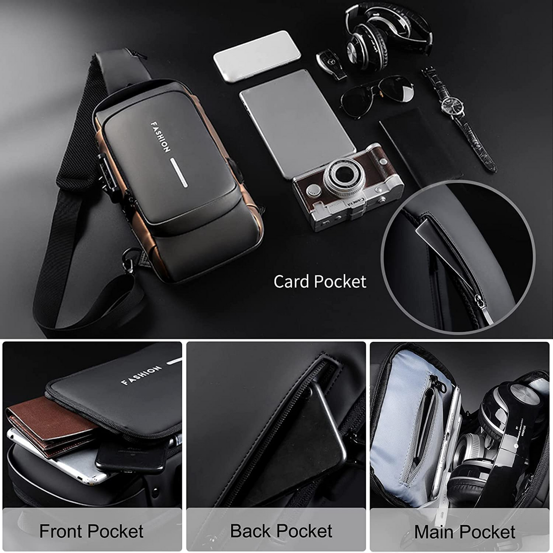 Anti-Theft Sling Backpack with USB Charging Port, Men's Crossbody Shoulder Bag
