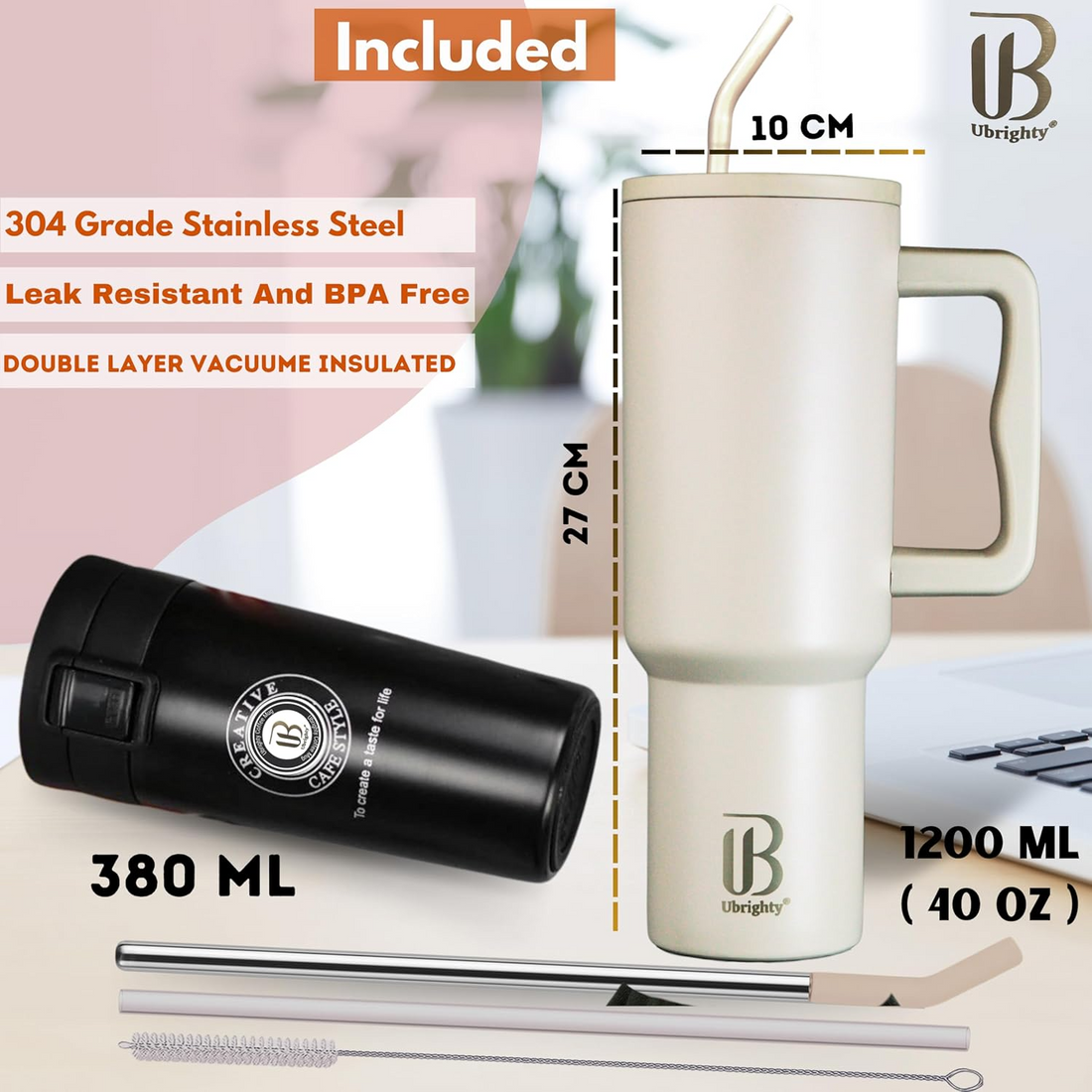1200ML Tumbler with Lid & Straw + Stainless Steel Vacuum Insulated Mug – Combo Offer