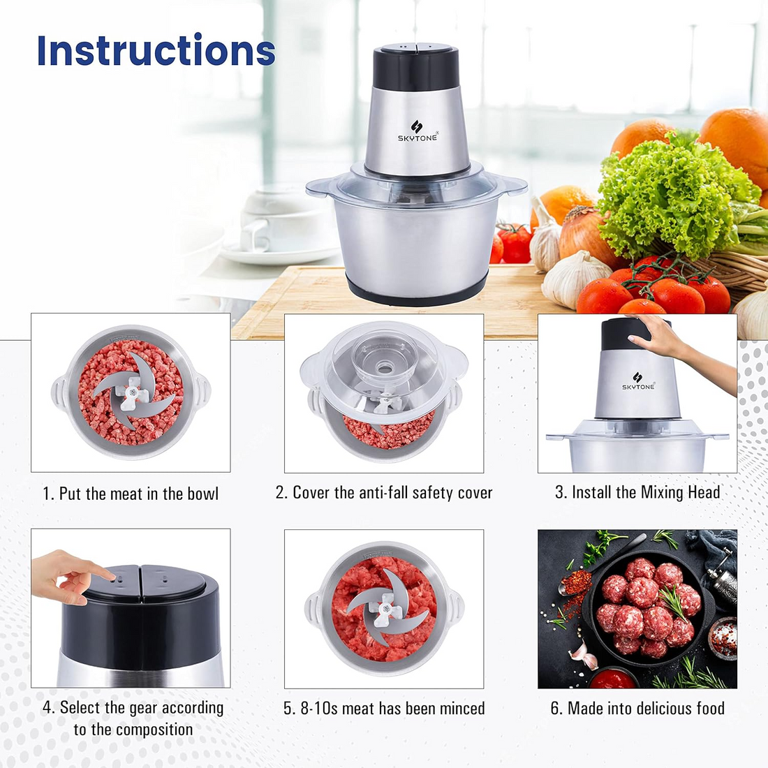 Electric Chopper, Meat Chopper With Stainless Steel Bowl Heavy 700W Motor - 2 Speed Modes For Kitchen Food Processor